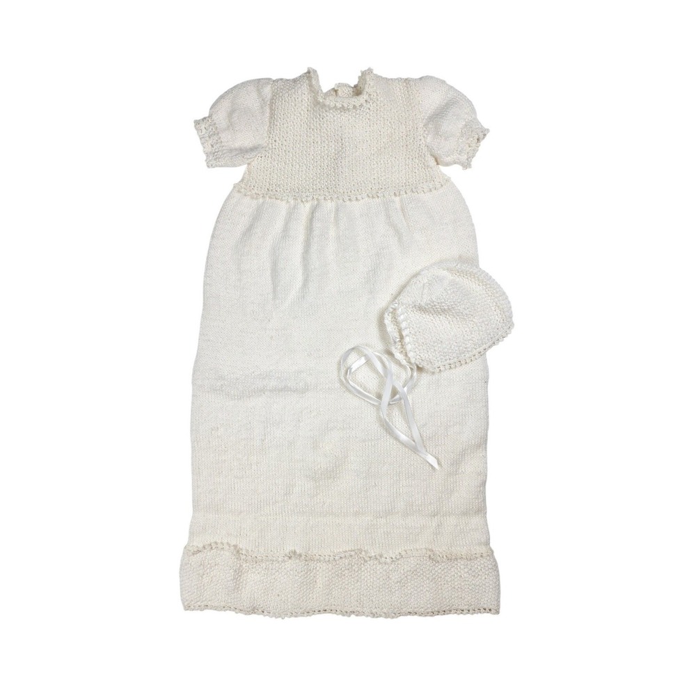 Artisan Crochet Lace Trim Christening Gown Dress w/ Bonnet Baby Size 6-9 months
